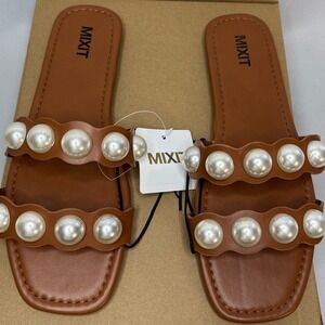 Faux Pearl Open Toe Slide Sandal Brown Vegan Leather‎ Bridal Feminine Glam 8M